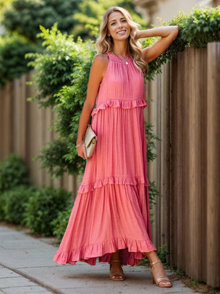 Ruffled Sleeveless Tiered Maxi Dress with Pockets - A Roese Boutique