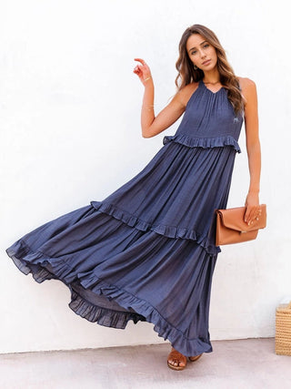 Ruffled Sleeveless Tiered Maxi Dress with Pockets - A Roese Boutique