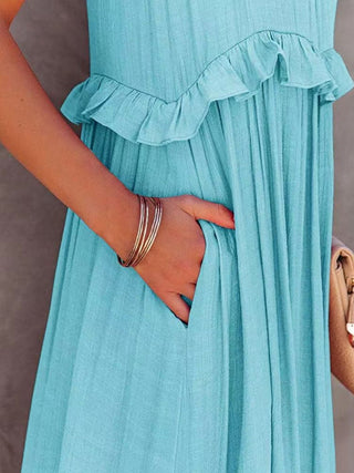 Ruffled Sleeveless Tiered Maxi Dress with Pockets - A Roese Boutique