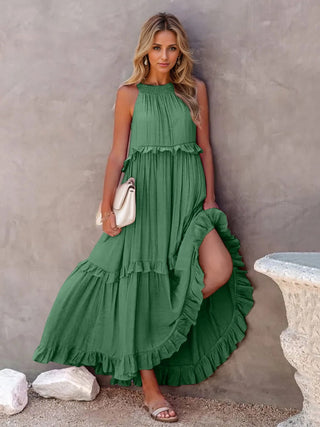 Ruffled Sleeveless Tiered Maxi Dress with Pockets - A Roese Boutique