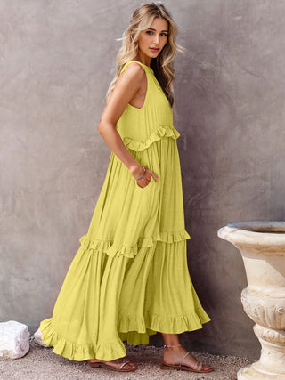 Ruffled Sleeveless Tiered Maxi Dress with Pockets - A Roese Boutique