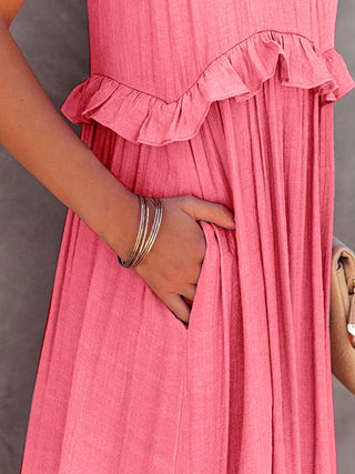 Ruffled Sleeveless Tiered Maxi Dress with Pockets - A Roese Boutique