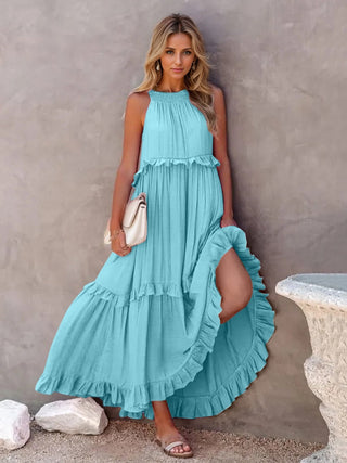 Ruffled Sleeveless Tiered Maxi Dress with Pockets - A Roese Boutique