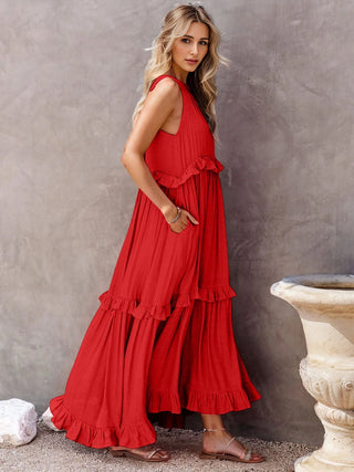 Ruffled Sleeveless Tiered Maxi Dress with Pockets - A Roese Boutique