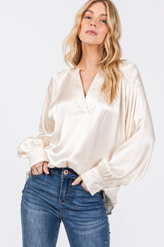 SAGE + FIG Notched Long Sleeve Blouse - A Roese Boutique