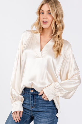 SAGE + FIG Notched Long Sleeve Blouse - A Roese Boutique