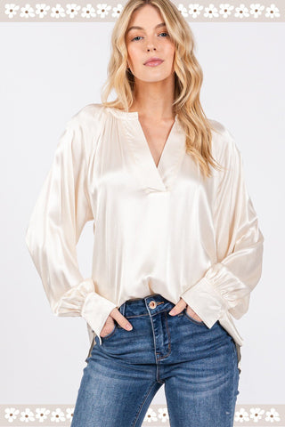 SAGE + FIG Notched Long Sleeve Blouse - A Roese Boutique