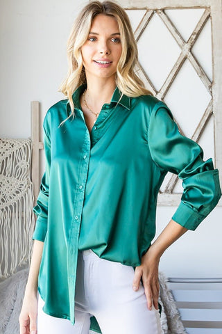 Satin Long Sleeve Button Down Shirt - A Roese Boutique