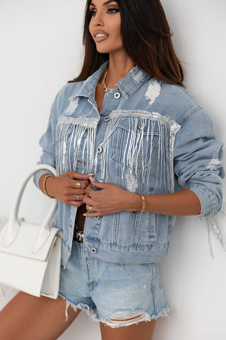 Sequin Fringe Trim Distressed Button Up Denim Jacket - A Roese Boutique