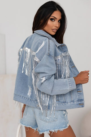 Sequin Fringe Trim Distressed Button Up Denim Jacket - A Roese Boutique