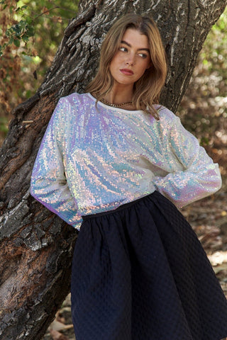 Sequin Long Sleeve Crop T-Shirt - A Roese Boutique