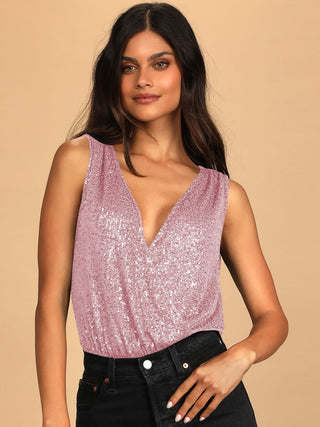 Sequin Surplice Sleeveless Bodysuit - A Roese Boutique