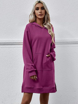 Slit Long Sleeve Hooded Dress with Pocket - A Roese Boutique