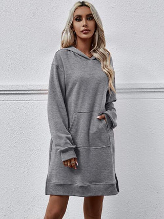 Slit Long Sleeve Hooded Dress with Pocket - A Roese Boutique