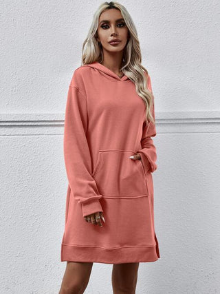 Slit Long Sleeve Hooded Dress with Pocket - A Roese Boutique