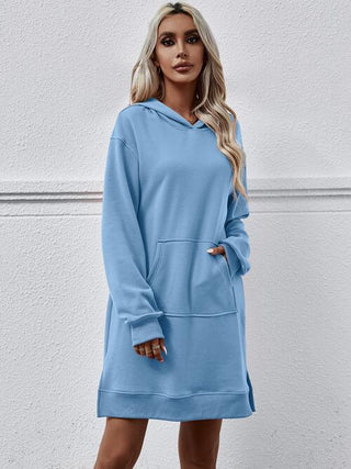 Slit Long Sleeve Hooded Dress with Pocket - A Roese Boutique