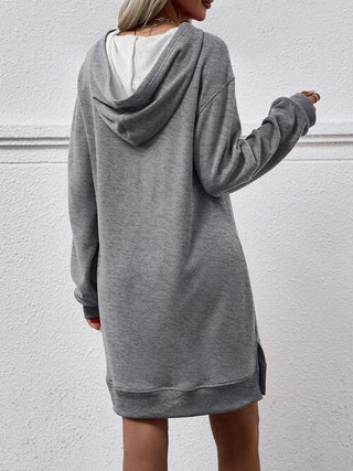 Slit Long Sleeve Hooded Dress with Pocket - A Roese Boutique