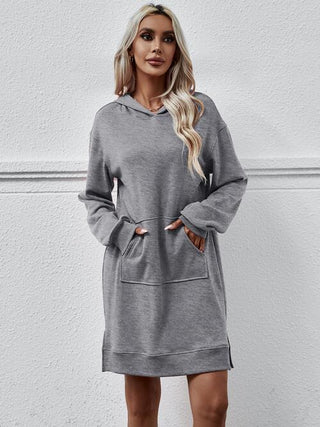 Slit Long Sleeve Hooded Dress with Pocket - A Roese Boutique