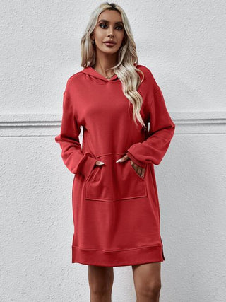 Slit Long Sleeve Hooded Dress with Pocket - A Roese Boutique