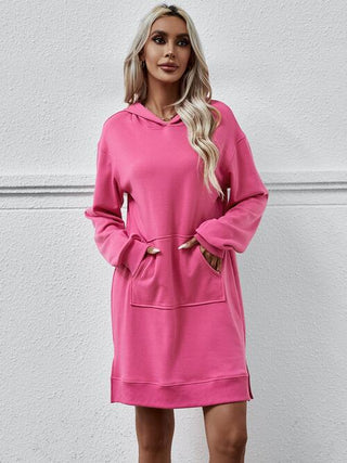 Slit Long Sleeve Hooded Dress with Pocket - A Roese Boutique