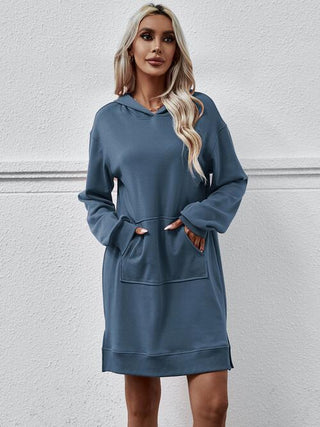 Slit Long Sleeve Hooded Dress with Pocket - A Roese Boutique