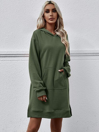 Slit Long Sleeve Hooded Dress with Pocket - A Roese Boutique