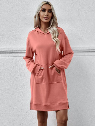 Slit Long Sleeve Hooded Dress with Pocket - A Roese Boutique