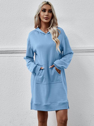 Slit Long Sleeve Hooded Dress with Pocket - A Roese Boutique