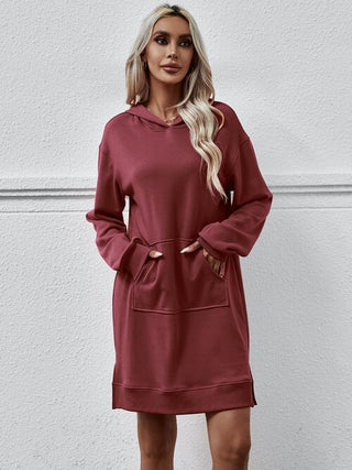 Slit Long Sleeve Hooded Dress with Pocket - A Roese Boutique