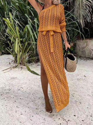 Slit Openwork Single Shoulder Knit Dress - A Roese Boutique