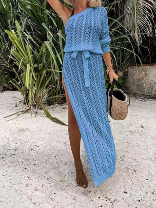 Slit Openwork Single Shoulder Knit Dress - A Roese Boutique