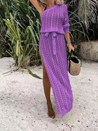 Slit Openwork Single Shoulder Knit Dress - A Roese Boutique