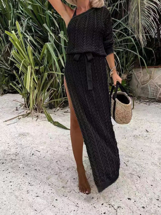 Slit Openwork Single Shoulder Knit Dress - A Roese Boutique