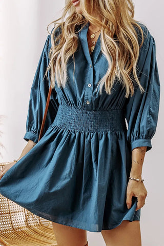 Smocked Half Button Three - Quarter Sleeve Mini Dress - A Roese Boutique