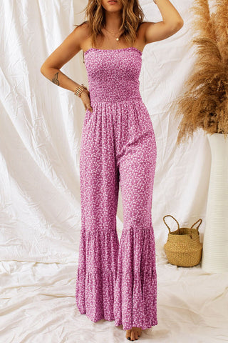 Smocked Printed Wide Strap Jumpsuit - A Roese Boutique