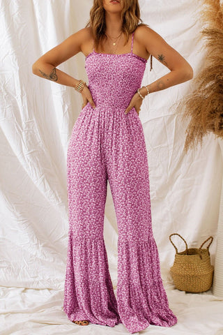 Smocked Printed Wide Strap Jumpsuit - A Roese Boutique