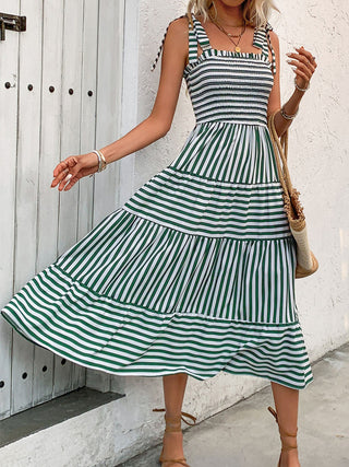 Smocked Striped Square Neck Midi Dress - A Roese Boutique