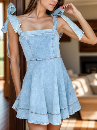 Square Neck Tie Shoulder Denim Dress - A Roese Boutique