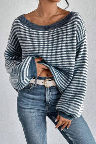 Striped Boat Neck Long Sleeve Sweater - A Roese Boutique