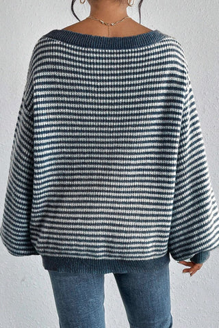 Striped Boat Neck Long Sleeve Sweater - A Roese Boutique