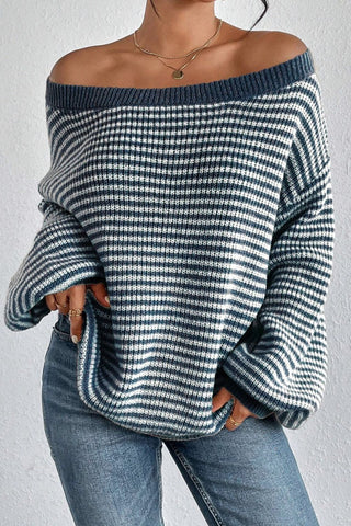 Striped Boat Neck Long Sleeve Sweater - A Roese Boutique