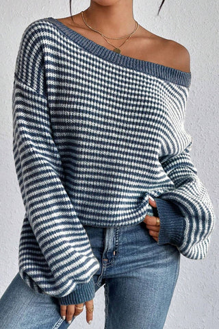 Striped Boat Neck Long Sleeve Sweater - A Roese Boutique