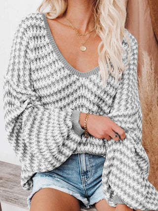 Striped Drop Shoulder V - Neck Sweater - A Roese Boutique