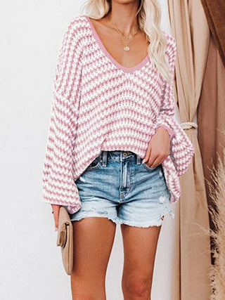 Striped Drop Shoulder V - Neck Sweater - A Roese Boutique