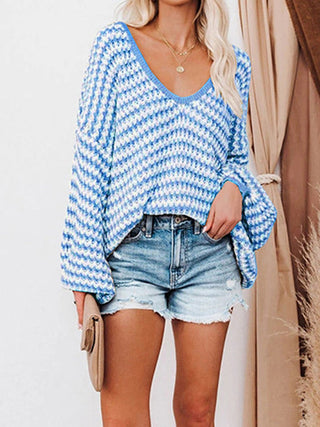 Striped Drop Shoulder V - Neck Sweater - A Roese Boutique