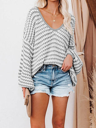 Striped Drop Shoulder V - Neck Sweater - A Roese Boutique