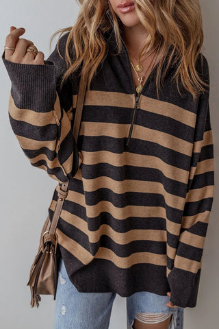 Striped Half Zip Long Sleeve Knit Top - A Roese Boutique