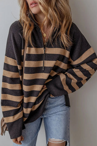 Striped Half Zip Long Sleeve Knit Top - A Roese Boutique