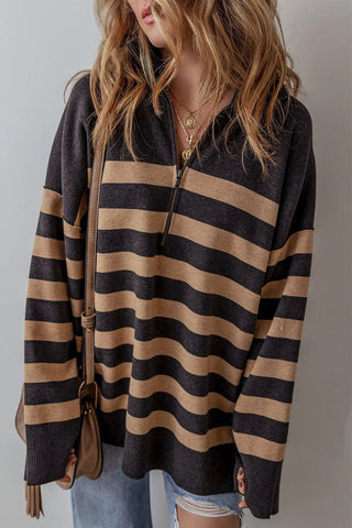 Striped Half Zip Long Sleeve Knit Top - A Roese Boutique