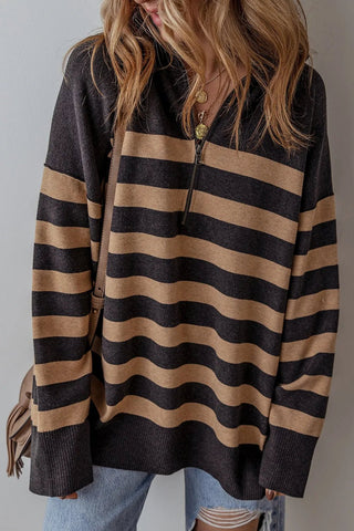 Striped Half Zip Long Sleeve Knit Top - A Roese Boutique